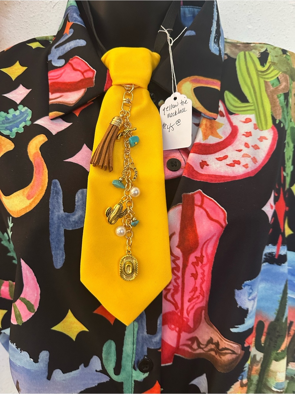 Yellow Tassel Charm Necktie with turquoise charms